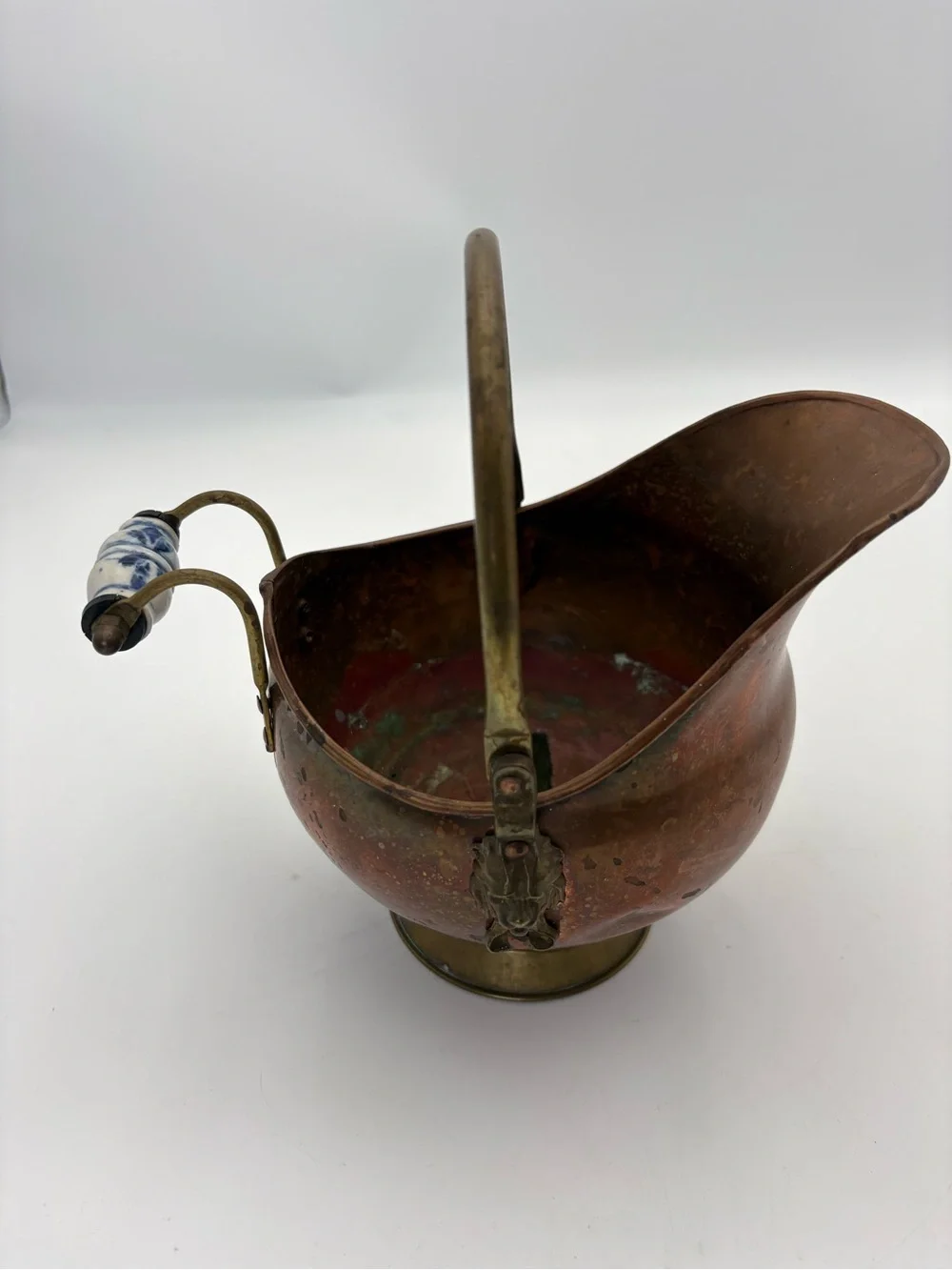 Vintage Copper Coal Scuttle with Brass and Blue and White Porcelain Handle